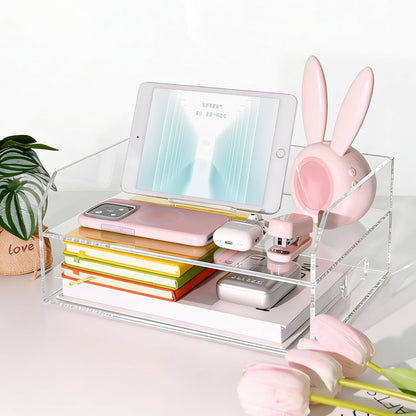 2-Tier Clear Acrylic Paper Trays, Desk File Organizer, A4 Paper Holder, Low-Profile Desk File Sorter for Office/Home, Clear Stackable Letter Tray for Bills, Crafts, Notebooks - Horizontal