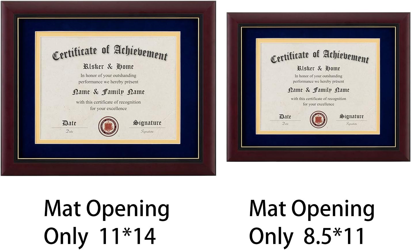 ELSKER&HOME Diploma Frame - Wide Solid Wood Frame - Black Velvet Golden Rim Mat - Semi-Tempered Glass - Includes Hanging Hardware and Desktop Easel(ONLY Display 11×14 Document/Certificate)