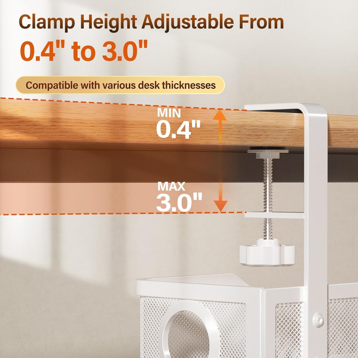Under Desk Cable Management Tray White, Cinati Wire Organizers No Drill, Cable Tray with Clamp for Wire Management, Cord Organization Box for Office, Home - No Damage to Desk