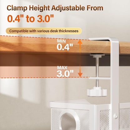 Under Desk Cable Management Tray White, Cinati Wire Organizers No Drill, Cable Tray with Clamp for Wire Management, Cord Organization Box for Office, Home - No Damage to Desk