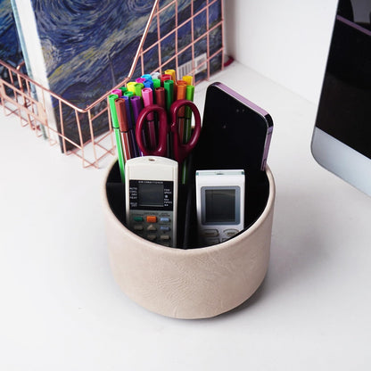 Hennaja Round Leather Art Supply Organizer,Remote Control Holder,360 Degree Rotating,Multi-Functional Pencil Holder,4 Compartments Desktop Stationary Organizer(1-Blue Bird) - Colors C