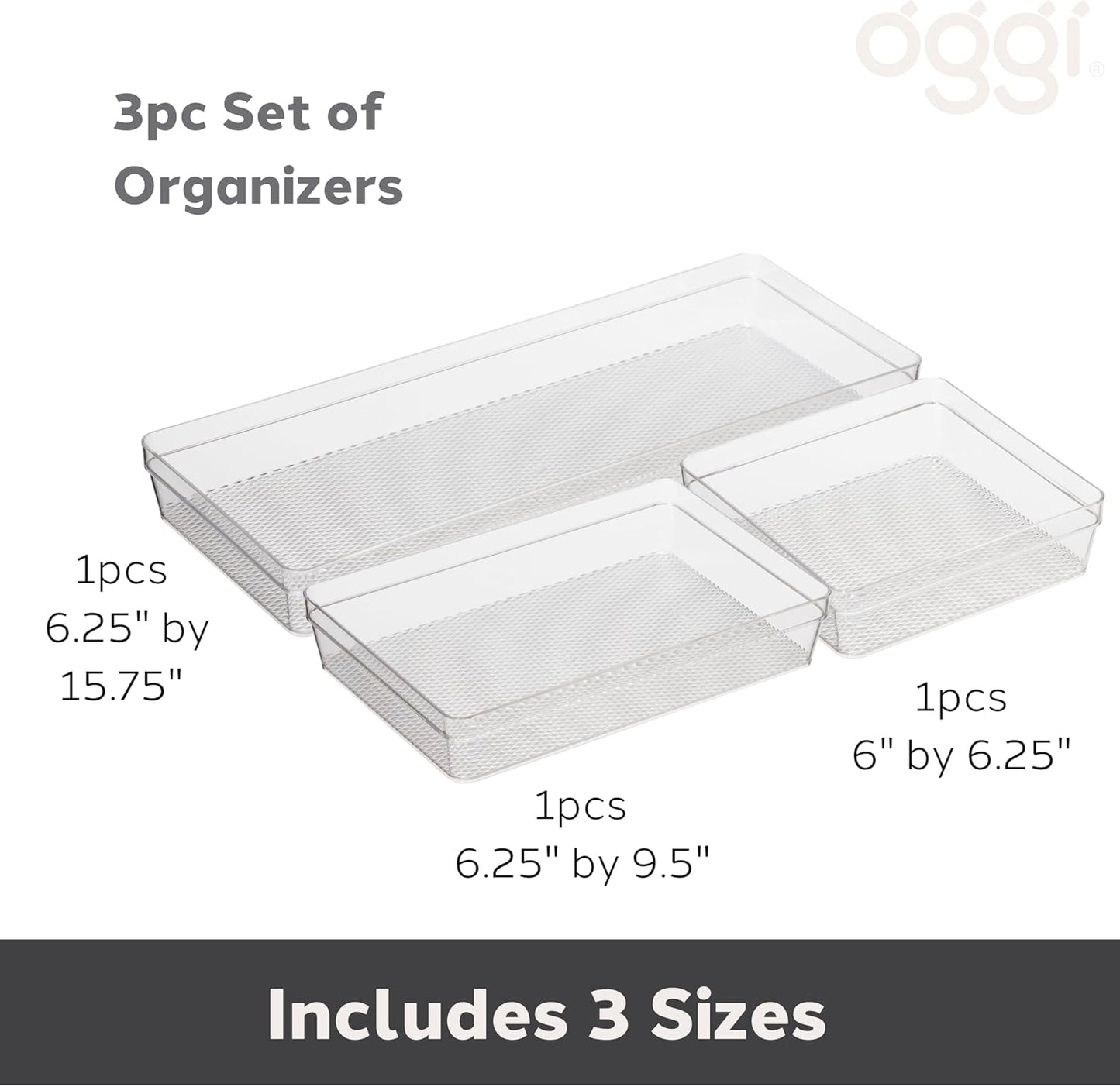 Oggi Set of 5 Clear Drawer Organizers - (1) 3x6.25, (2) 3x9.5, (2) 3x12.5 - Ideal for Organizing Kitchen Drawers, Office, Desk, Silverware, Kitchen Utensils, Cosmetics and Bathrooms