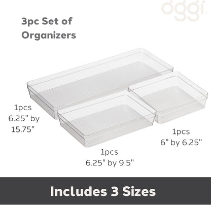 Oggi Set of 5 Clear Drawer Organizers - (1) 3x6.25, (2) 3x9.5, (2) 3x12.5 - Ideal for Organizing Kitchen Drawers, Office, Desk, Silverware, Kitchen Utensils, Cosmetics and Bathrooms