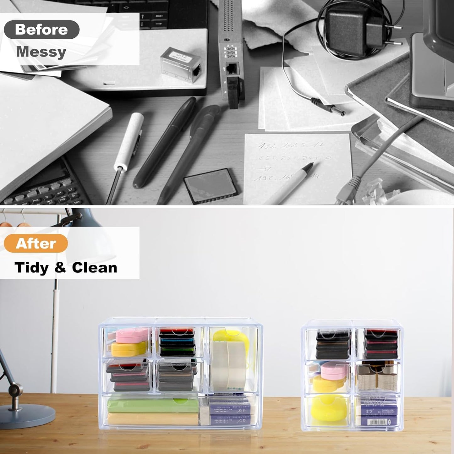 Acrylic Drawer Organizer with 6 Drawers, 2 Set Clear Dustproof Desk Organizers and Accessories, Stackable Storage Drawers for Stationery, Makeup, Jewelry, Pen, Art Craft Supplies, Office