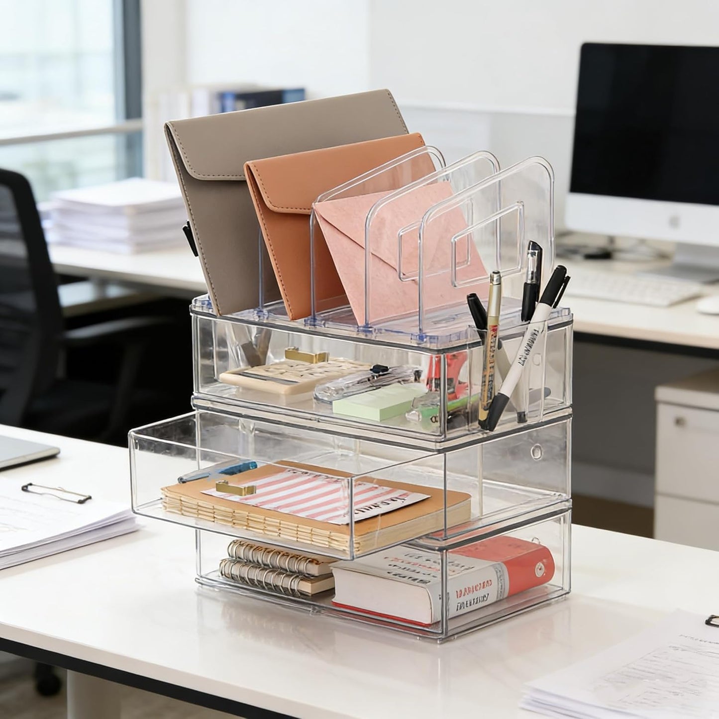 LALOBLUE Acrylic Desk Organizer with Drawer and Vertical File Holder, Desk Organizers and Accessories, Multi-Functional Office Supplies Organizer for Home or Work Desk, White