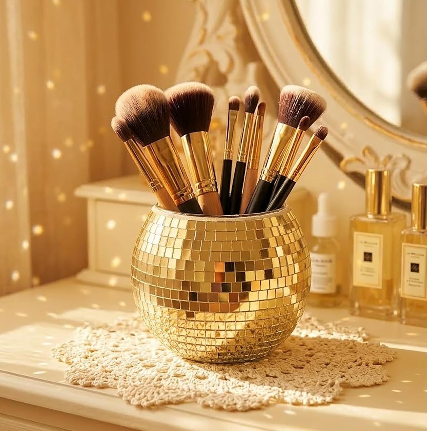 Disco Ball Makeup Brush Holder & Pen Cup - Fun Desk Accessories for Office, Cute Aesthetic Room Decor, 4.7 inch Unique gift vase for Her (rosegold)
