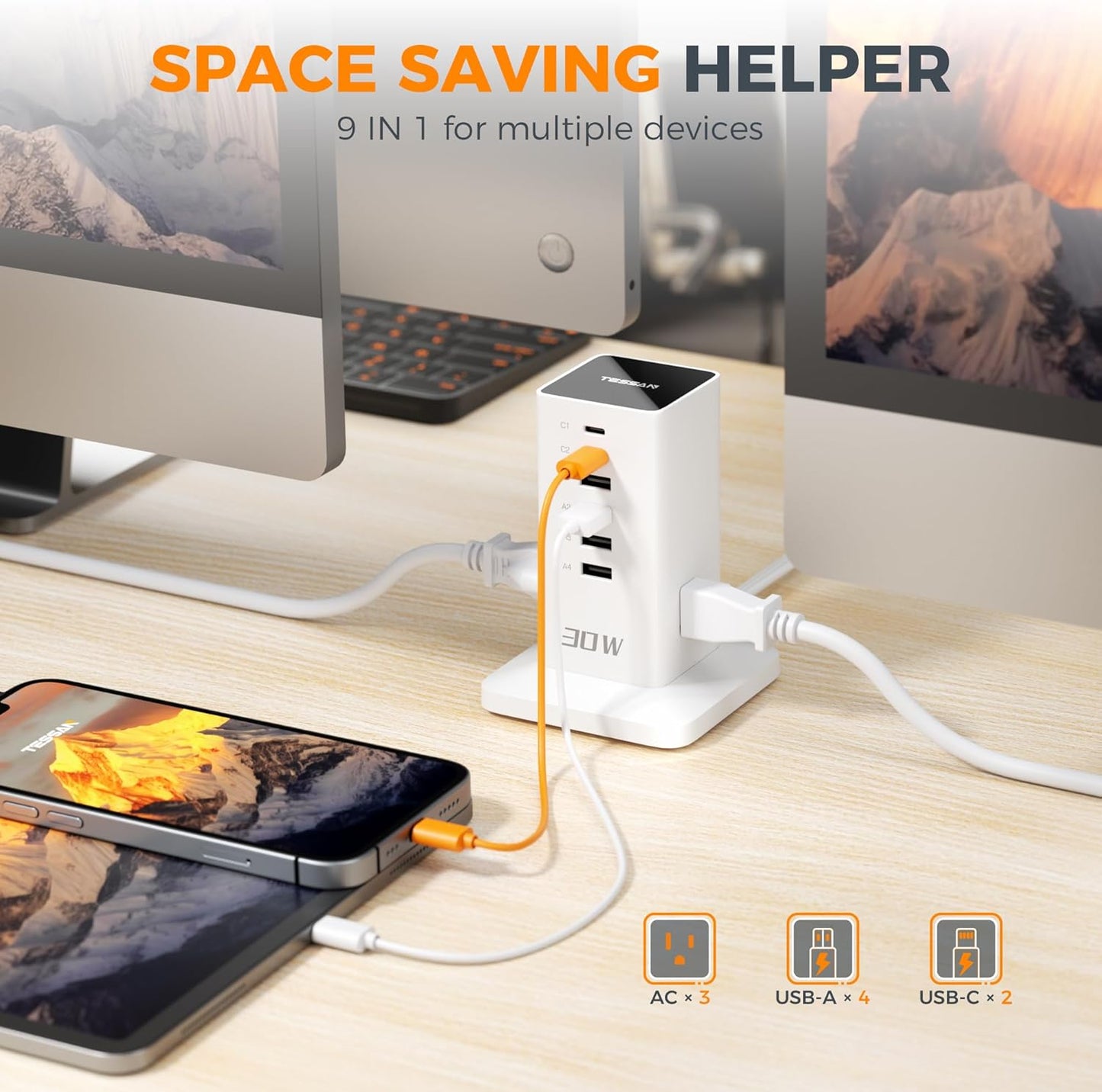 Charging Station for Multiple Devices, TESSAN 9-in-1 USB C Power Strip for iPhone 17/16/15, MacBook, Tablet, Desktop Phone Fast Charger with 3 AC, USB Charger, Home Drom Office Accessories, White-65W