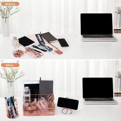 KAAKOW Gold Desk Organizers and Accessories Office Supplies Set Stapler, Pen Holder, Phone Holder, Scissors, Pen, Ruler, 30 Paper Clips, 22 Binder Clip, 20 Tacks and 1000pcs Staples (Gold)