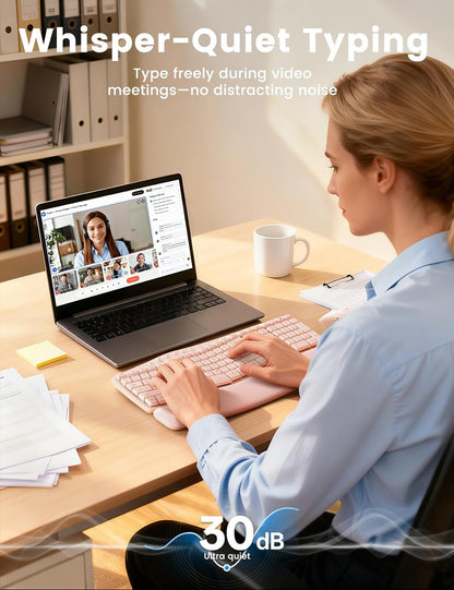Wireless Keyboard and Mouse Combo, SABLUTE MA41 30dB Quiet Ergonomic Wave Keyboard Set with Soft Leather Palm Rest, Dual-System Switch for Windows/Mac, Ideal for Business Teams Home Office