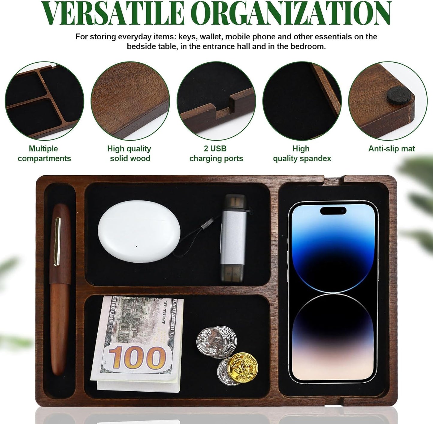 MultiBey Acacia Wood Valet Tray Nightstand Organizer, Wooden Valet Trays for Men Women, Wood Desk Organizer Drawer, EDC Essentials Catchall Tray for Phones, Watch, Pens, Keys