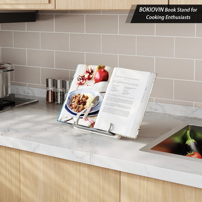Portable Book Stand Holders for Reading Hands Free, Adjustable Cookbook Recipe Stand Holder for Kitchen Counter with Page Holder Clips