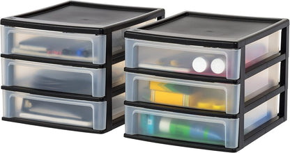 IRIS USA Plastic Stacking Desk Top 3-Drawer Storage Organizer, 2-Pack, for Makeup Vanity Nail Polish Bathroom Stationery Art Craft Supplies Kitchen Office Garage and Small Organization, Small, Black