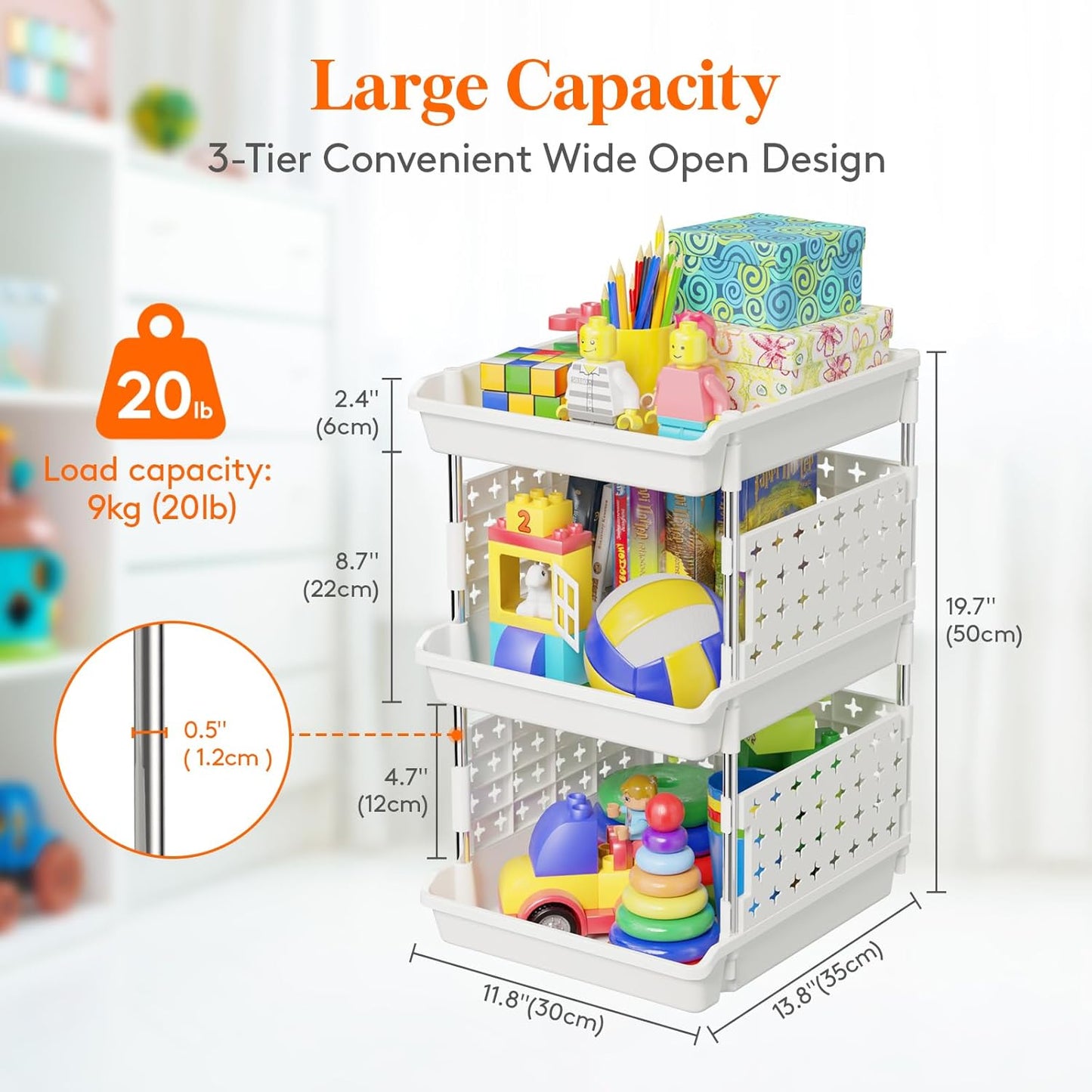 Lifewit Plastic Stackable Storage Baskets, 4 Tier Stacking Bins for Food and Clothes, Multifunctional Organizer for RV, Kitchen, Playroom, Pantry and Bathroom, 13.8"D x 11.8"W x 28.3"H, 1 Pack, White