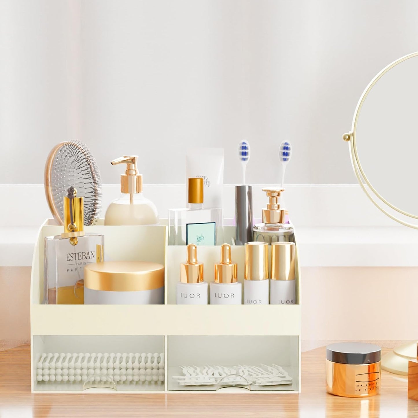 Makeup Organizer with Drawers, Cosmetic Storage for Dresser Vanity and Bathroom Countertop, Beauty Holder for Lipstick Brush, Skincare Organizer for Vanity, Cosmetic Display Case (White)