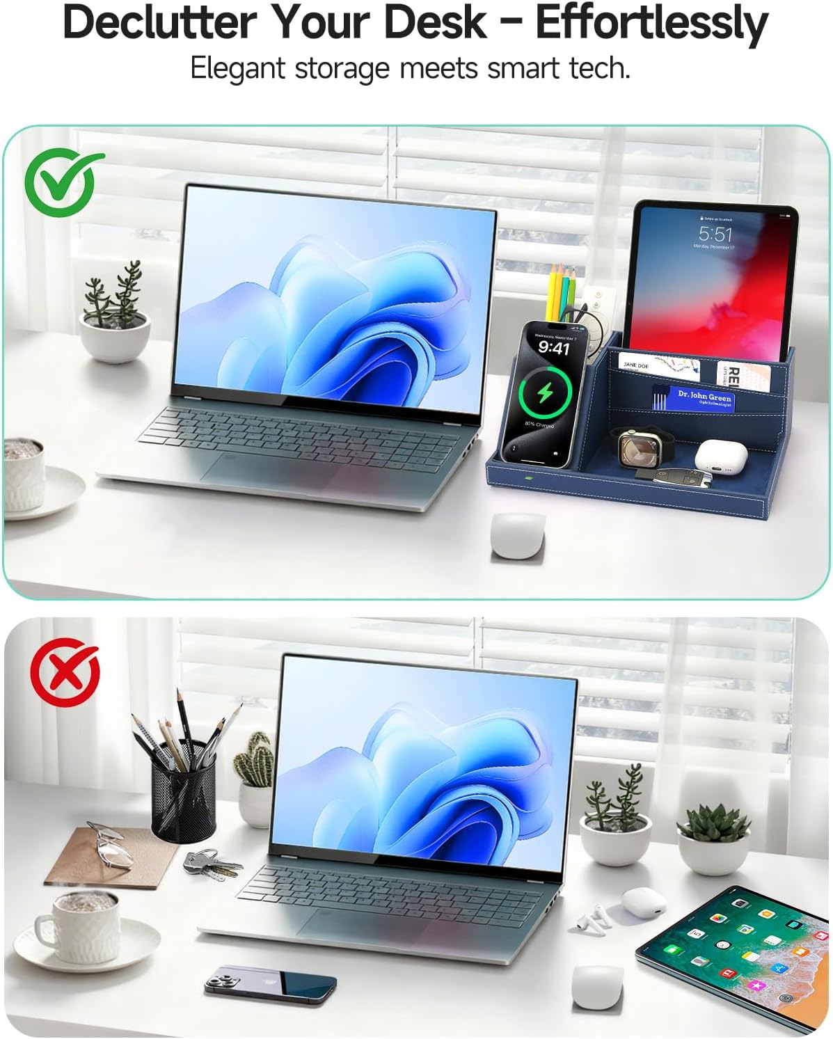 Fast Wireless Charging Station with Desk Organizer for iPhone 17/16/15/15 Pro/14/14 Pro Max/14 Pro/14 Plus/13/13 Pro Max/13 Pro/and iPhone 12/11 Series, Nightstand Desktop Organizer, Brown