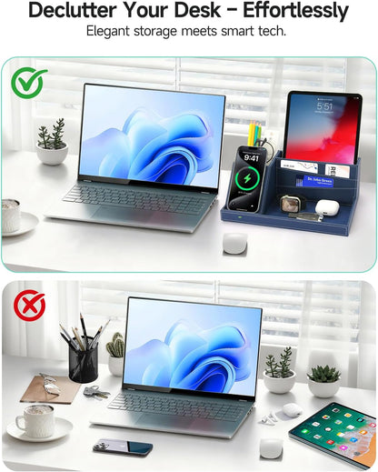 Fast Wireless Charging Station with Desk Organizer for iPhone 17/16/15/15 Pro/14/14 Pro Max/14 Pro/14 Plus/13/13 Pro Max/13 Pro/and iPhone 12/11 Series, Nightstand Desktop Organizer, Brown