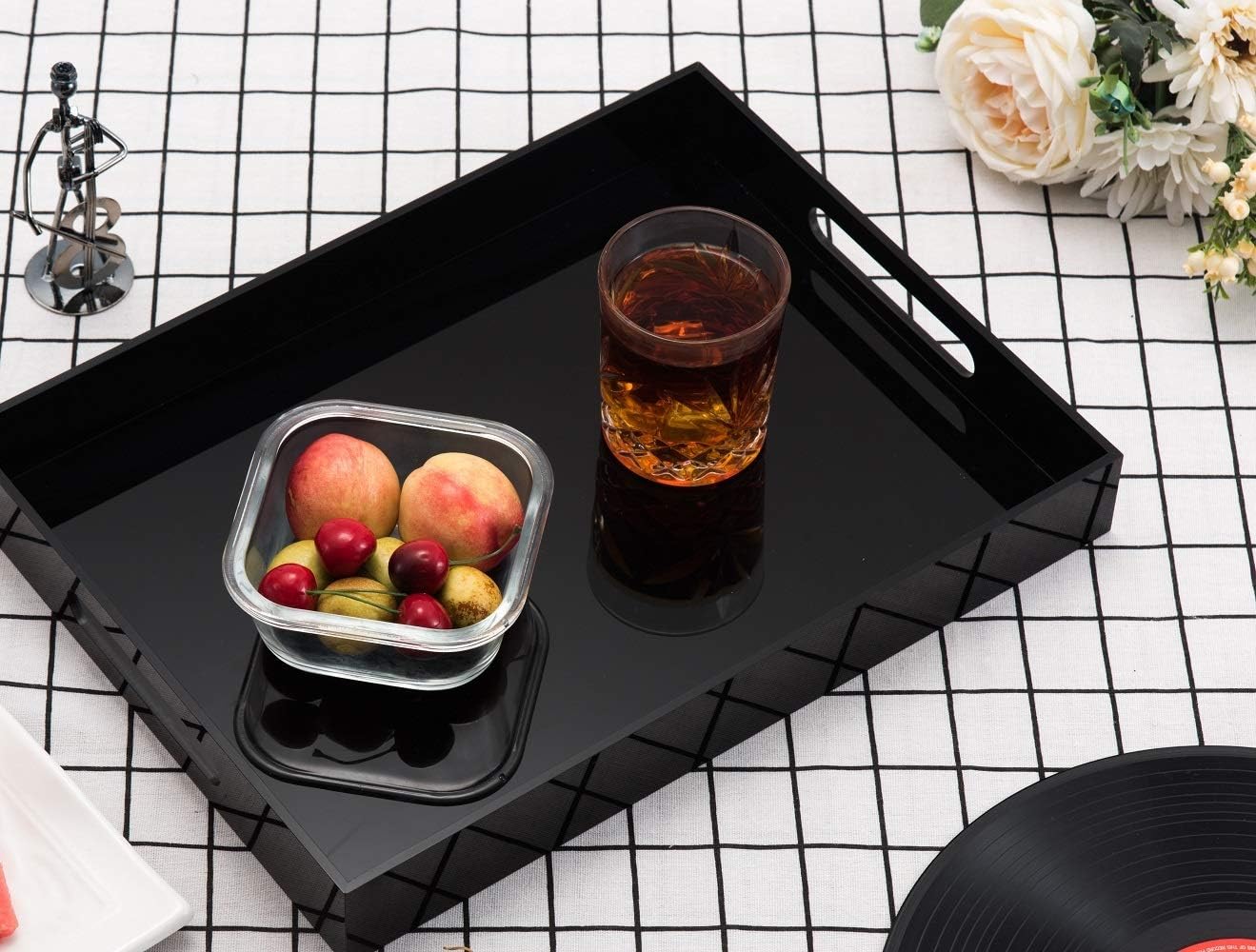 KEVLANG Clear Sturdy Acrylic Serving Tray with Handles-12x16Inch-Serving Coffee,Appetizer,Breakfast,Butler-Kitchen Countertop -Makeup Drawer Organizer-Vanity Table -Ottoman