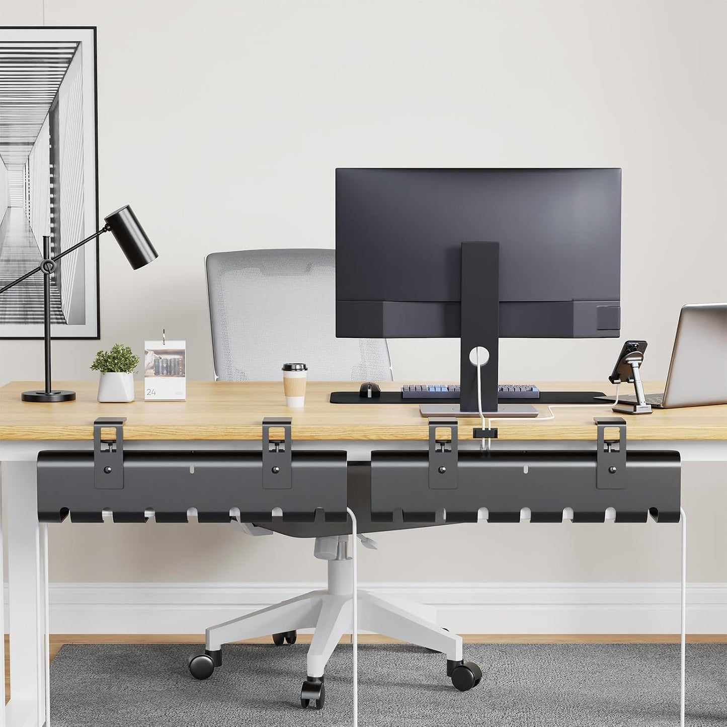 2 Pack No-Drill Under Desk Cable Management Tray 33.8 inch Large Wire Cord Organizers, Cable Management Under Desk for Home and Office No Damage Black