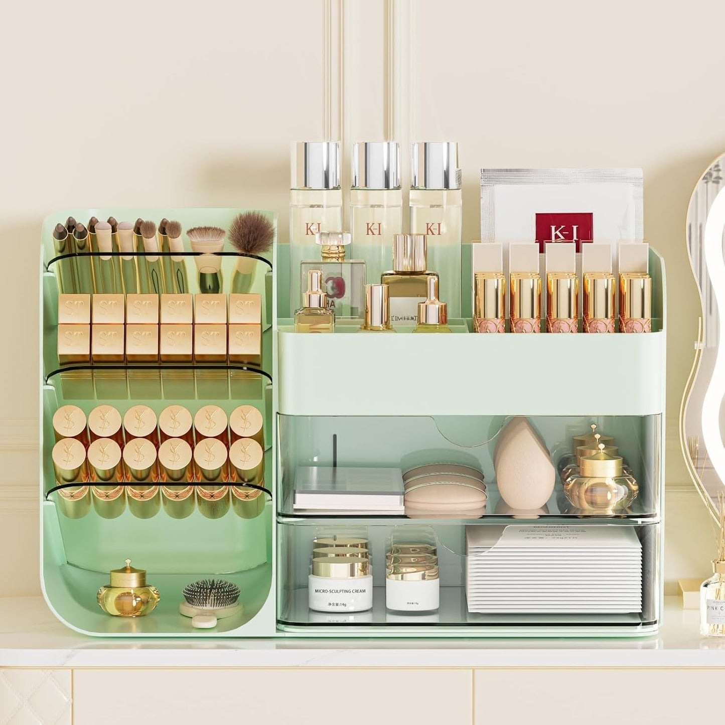 Booklov Makeup Organizer for Vanity, Countertop Cosmetic Display Case with Clear Acrylic Drawers, Bathroom Counter Beauty Caddy, Cute Table Storage Holder for Skincare, Brush Lipsticks, Crystal White