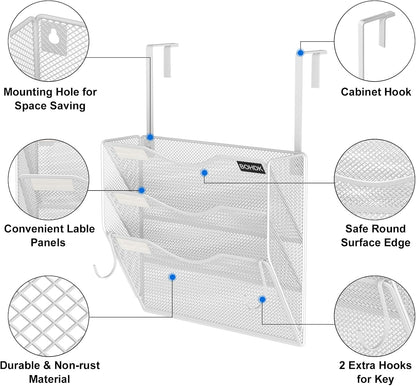 BOHDK Wall File Organizer, 6 Tier Hanging File Folder Mail Organizer, Vertical Mesh Metal Wall Mount Hanging File Holder, Paper Document Magazine Rack for Home Office Black
