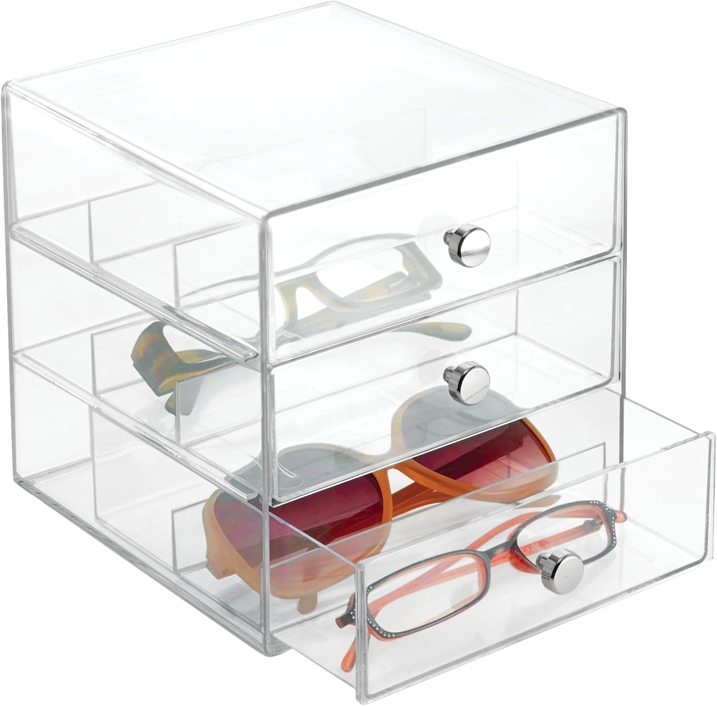 iDesign Divided 3-Drawer Stackable Organizer for Glasses, Sunglasses, and Readers - Black/Clear
