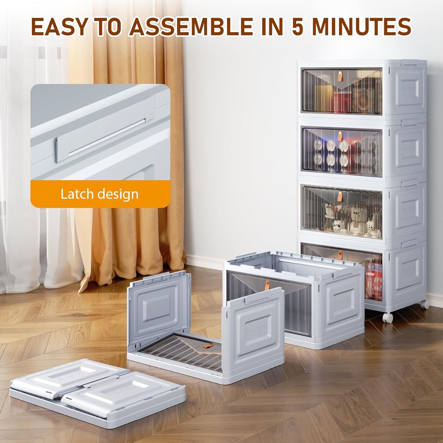 4 Tier Storage Bins with Lids, 23QT Stackable Closet Organizers and Storage with Wheels, Collapsible Storage Boxes, Foldable Plastic Storage Containers for Home,Office, Dorm Room-White
