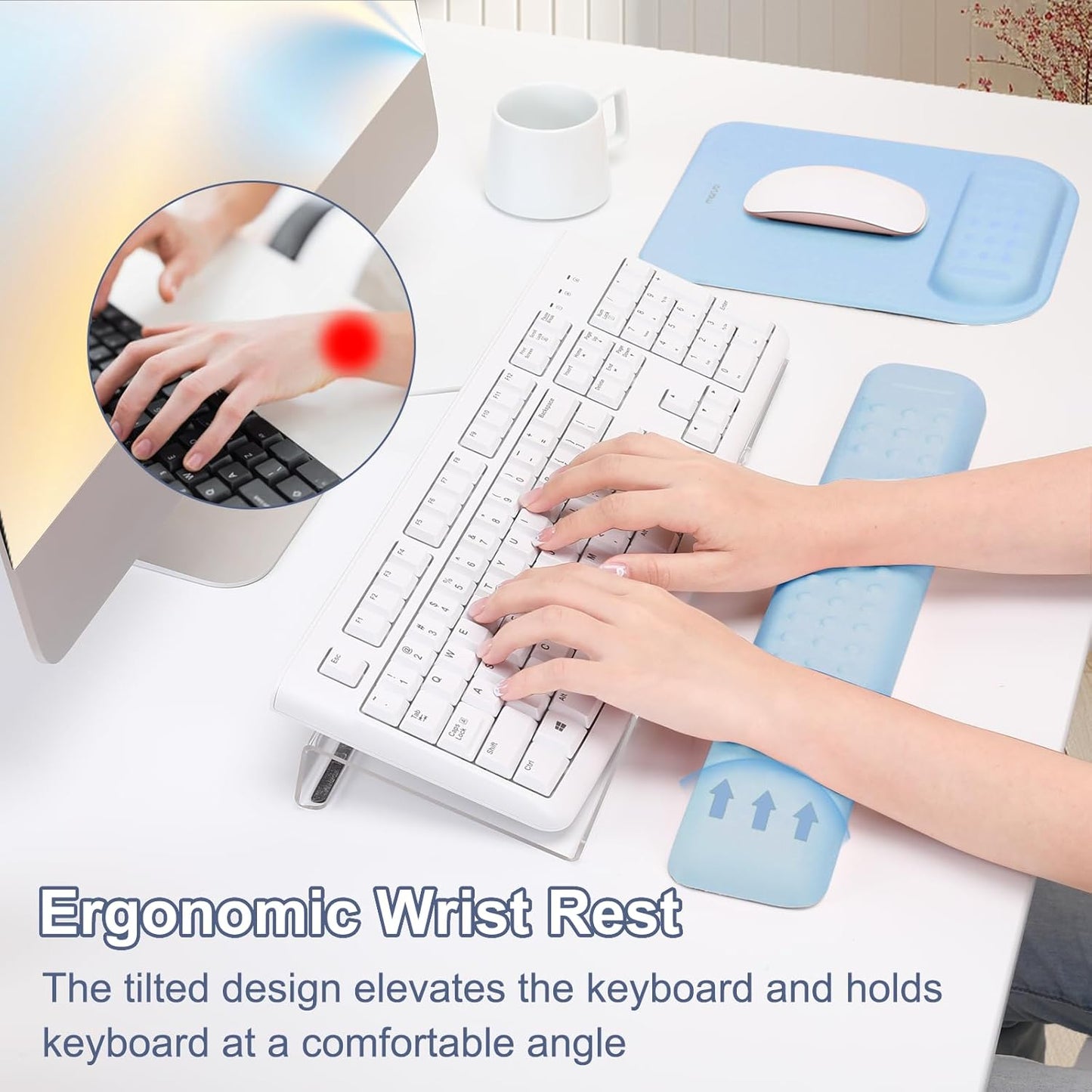 MOSISO Computer Keyboard Stand&Wrist Rest Support for Keyboard &Mouse Pad Set, Ergonomic Massage Wrist Rest Set, Easy Typing Working Acrylic Clear Stand for Office Home, Apricot