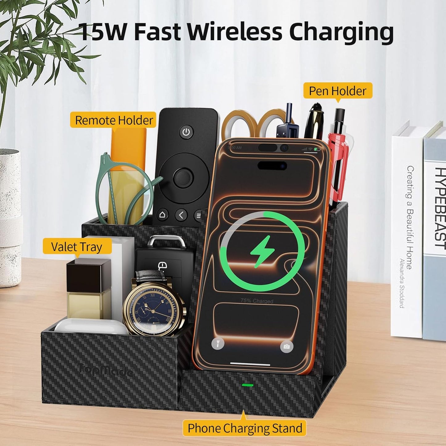TopMade Wireless Charger with Desk Nightstand Organizer, Leather Pen Pencil Holder Bedside Fast Charging Station, for iphone Charging Stand Office Supplies Desk Accessories, Gifts for Men(Blue)