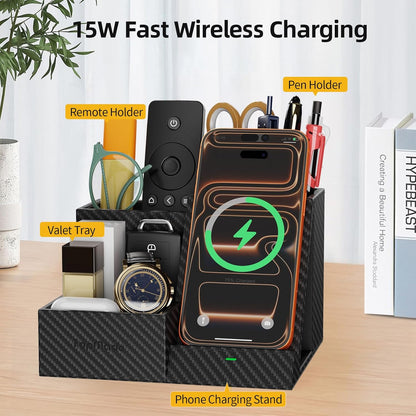 TopMade Wireless Charger with Desk Nightstand Organizer, Leather Pen Pencil Holder Bedside Fast Charging Station, for iphone Charging Stand Office Supplies Desk Accessories, Gifts for Men(Blue)