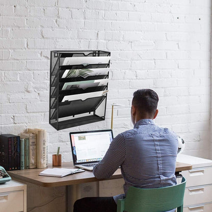 EASEPRES Desk File Organizer Mesh 6-Tier, Hanging Wall Mount Document Organization Stand, Desktop Vertical Mail Paper Folder Holder Rack with Bottom Tray for Office Home Cubicle Countertop, Black
