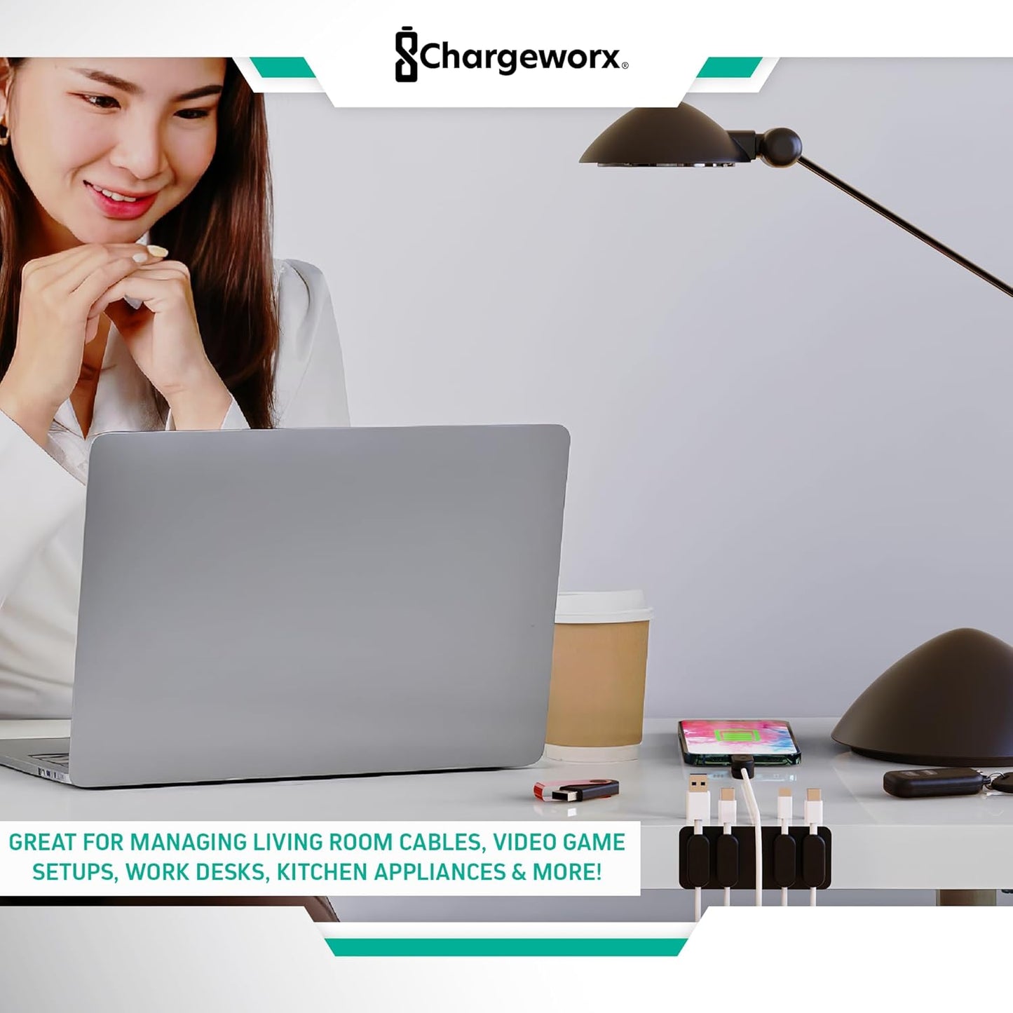 CHARGEWORX Pack of 5 Magnetic Cable Clips, Adhesive Cord Organizer for Desk, Nightstand, Wall or Car, Wire Holder for USB-C, Lightning and Micro-USB Cables