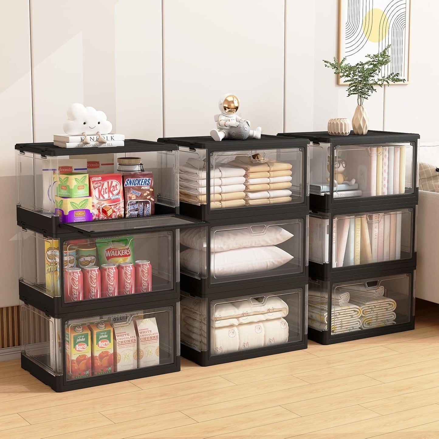 HYBRIDEAS 3-Pack Clear Stackable Storage Bins with Lids Magnetic Doors Open Front Foldable Folding Plastic Craft Containers Large Closet Organizers Box for Bedrooms Living Rooms Study Kids' Toys 24 QT