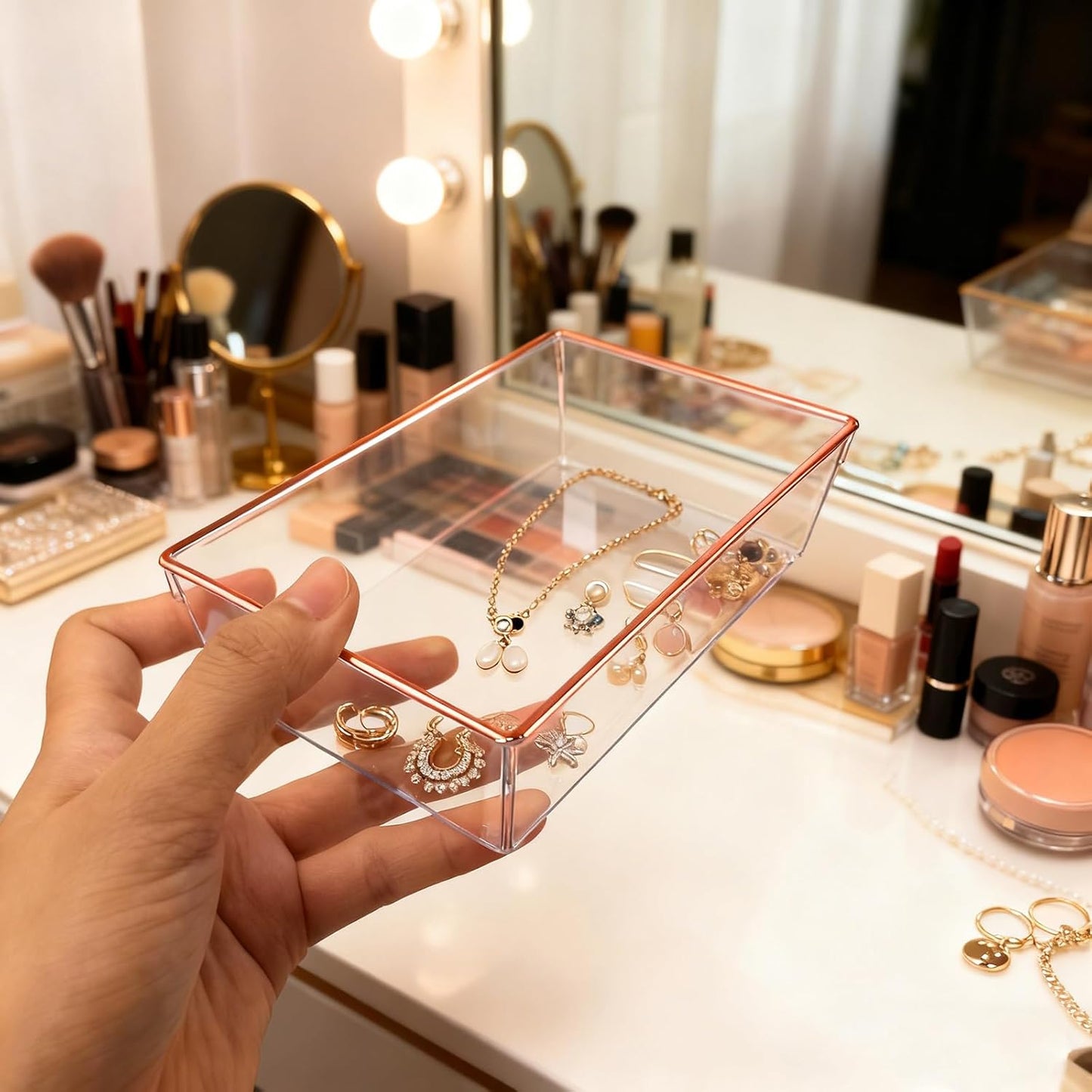 4 Pack Large Size Clear Stackable Drawer Organizer Trays, Gold Rim Makeup Drawer Storage Tray Divider, Desk Storage for Makeup, Jewelry, Bathroom, Stationary, Kitchen Utensils and Office Desk