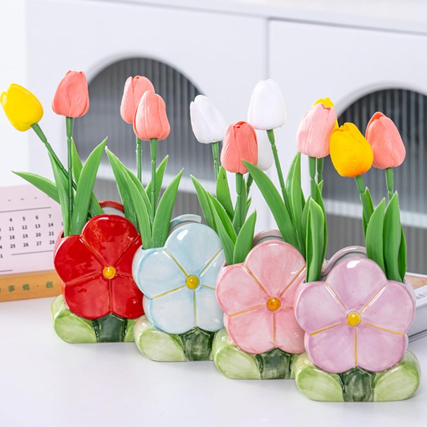 Red Makeup Brush Holder Pen Holder Office Desk Accessories Aesthetic Pencil Holders Cute Toothbrush Holders Flower Home Decor Vase Birthday Gifts for Women Vanity Kawaii Kitchen Utensil Holder
