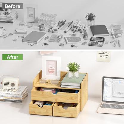 Wisuce Desk Organizer with Drawers - Bamboo Desktop Organizer Storage Natural Wood Desk Drawers Organizer for Bills, Office Supplies, Cosmetics, Seals No Assembly Required 3 Drawers（left-right)