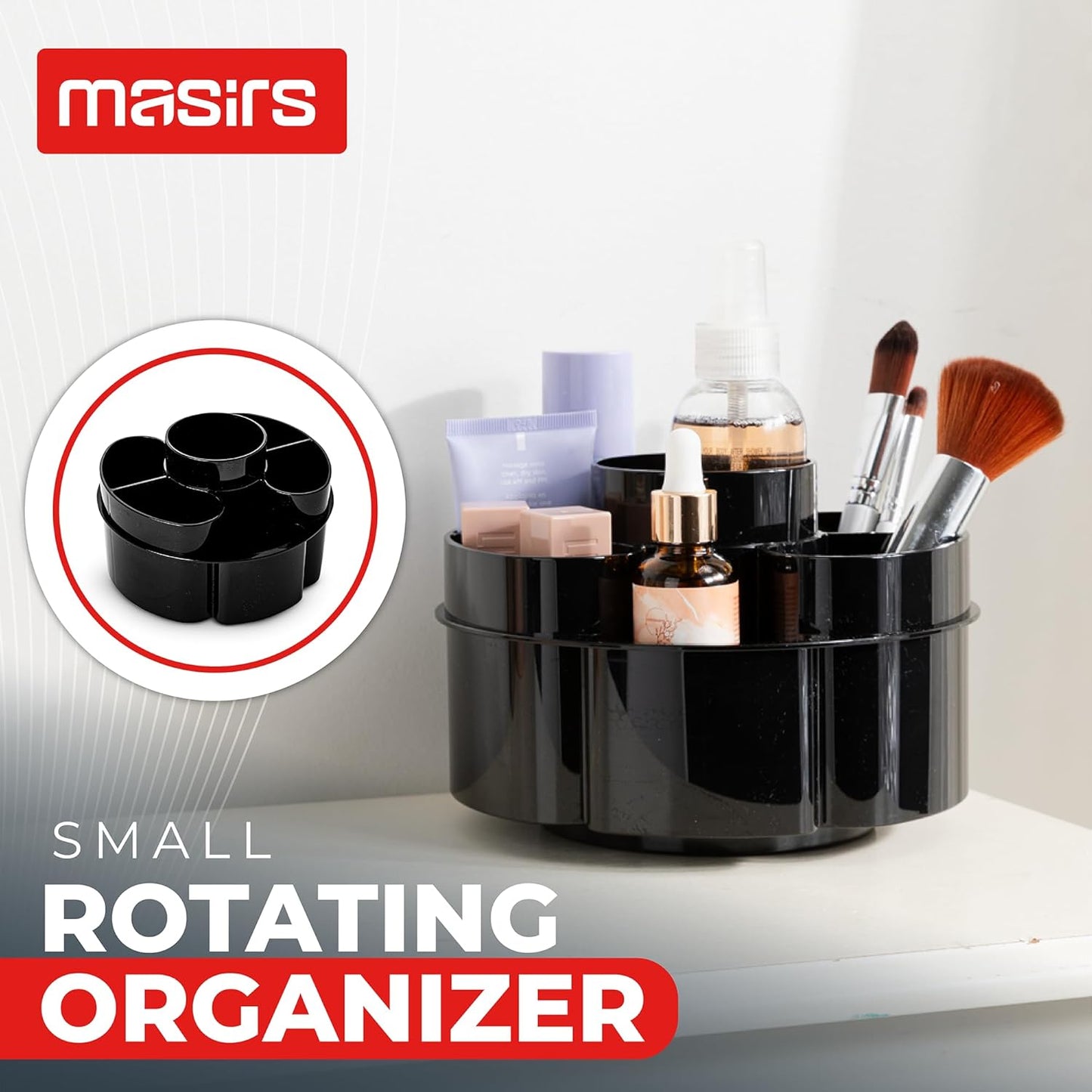 Masirs Small 360 Rotating Makeup Organizer - Mini Yet Spacious Cosmetic Storage Solution with Multiple Compartments - The Perfect Spinning Make-Up Caddy for Vanity or Bathroom Counter (Round - Clear)