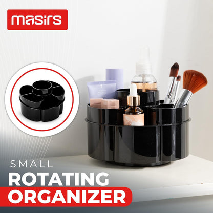 Masirs Small 360 Rotating Makeup Organizer - Mini Yet Spacious Cosmetic Storage Solution with Multiple Compartments - The Perfect Spinning Make-Up Caddy for Vanity or Bathroom Counter (Round - Clear)