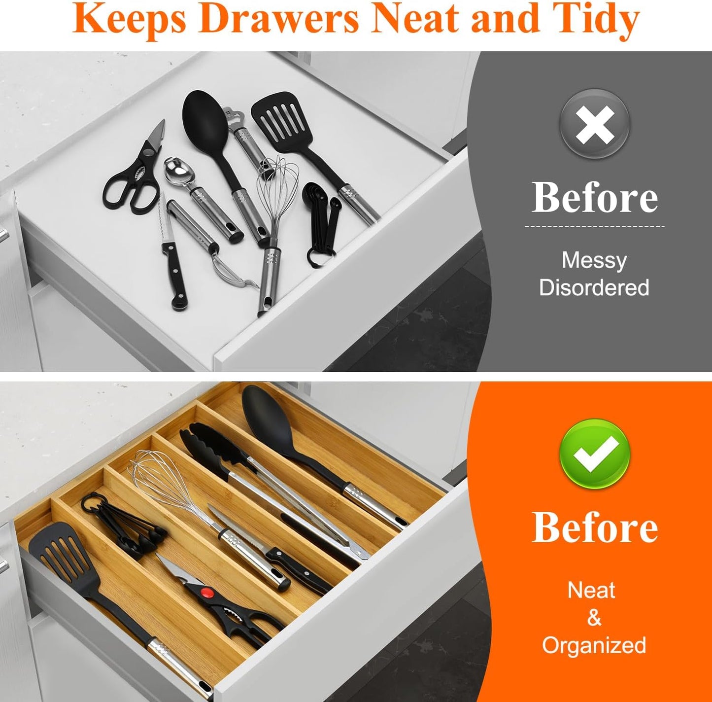 Large Bamboo Silverware Drawer Organizer Tray Kitchen Tool Drawer Divider Organizers Storage Expandable Cooking Utensil Organizer Wooden Cutlery Tray Spoon Flatware Organizers Utensil Holder Drawers