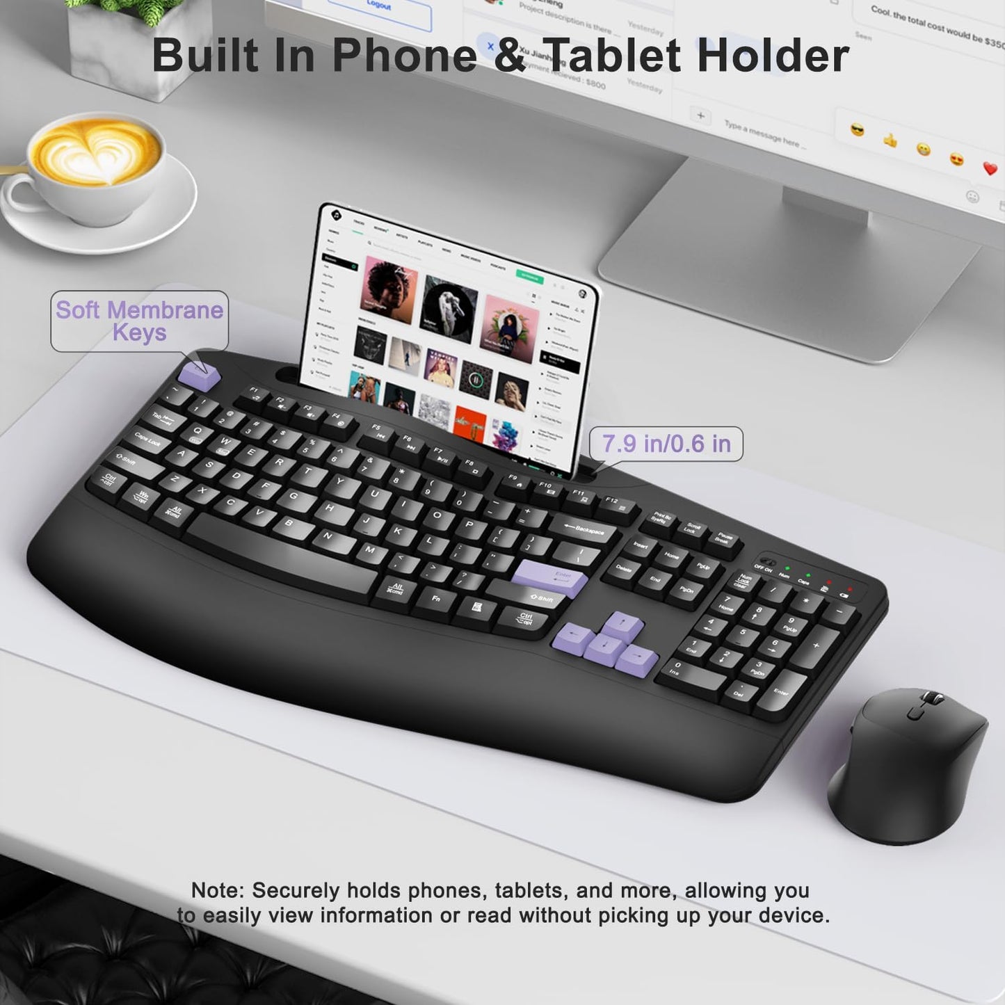 Wireless Keyboard and Mouse Combo, 2.4G Full Size Wave Keys Ergonomic Keyboard with Wrist Rest, Phone Holder, 3-Level DPI Wireless Silent Mouse with 6-Buttons, for Windows, Mac OS, Laptop, PC (Black)
