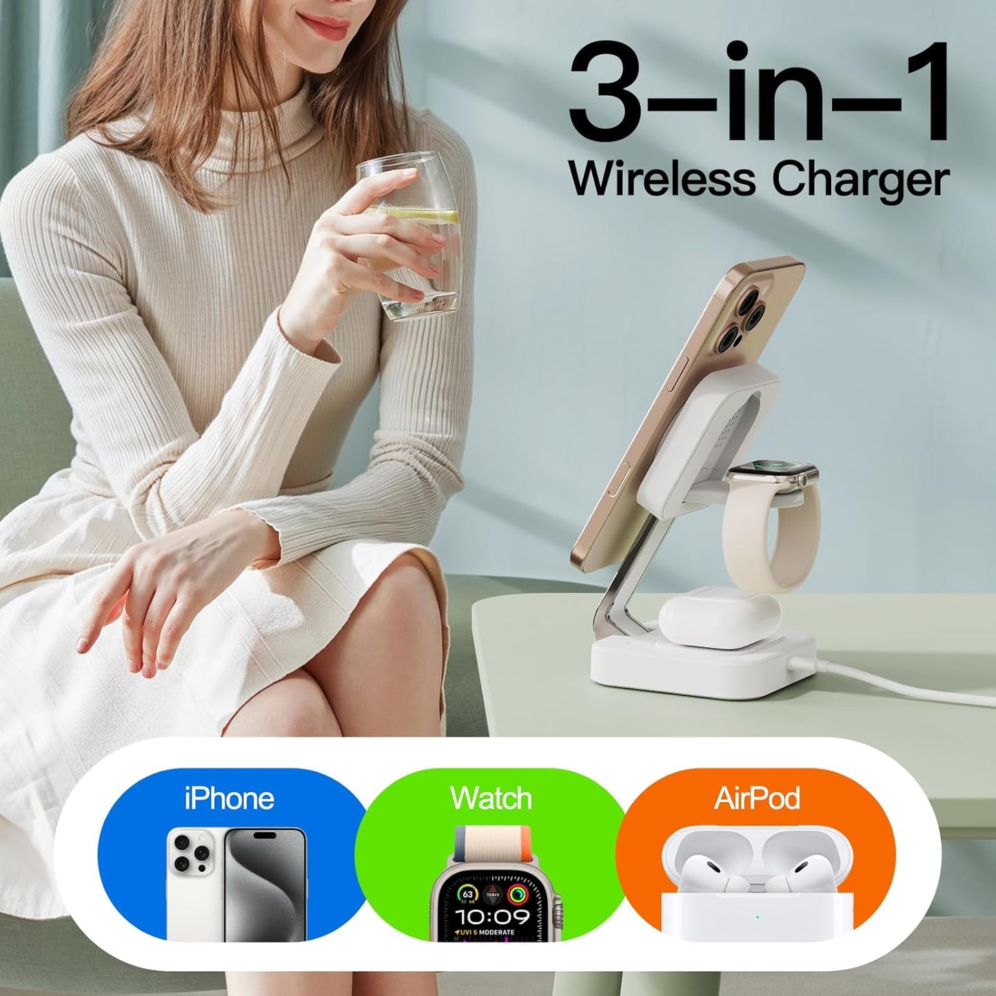 RYND 2026 Traveling Wireless Mag-Safe Fast Charging Station,Magnetic 3 in 1 Charger with iPhone 17 16 15 14 13 12 Pro Max Plus,Apple Watch Series & Air pods 4 3 2 Pro-Gifts for Wife & Husband(White)