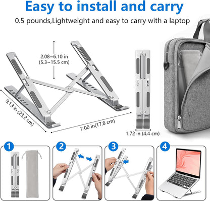 Laptop Stand for Desk, Aluminum Metal MacBook Stand，Computer Riser for Desk, Portable Foldable Adjustable Notebook Holder, Compatible with 10-15.6 Inch Laptops, iPad, Silver.