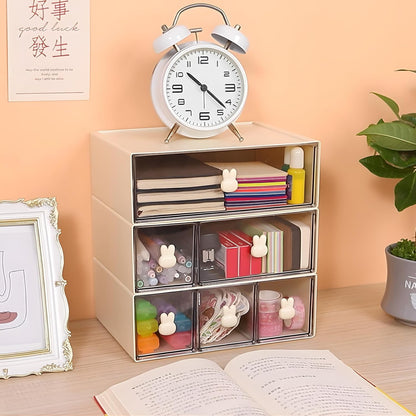 Desktop Storage Drawers, Plastic Desk Organizer with 3 Drawers, Modular Stackable Toolbox Units for Office Stationary, Makeup Container, Bathroom Countertop (1 Tall Layer, Cream & Clear)