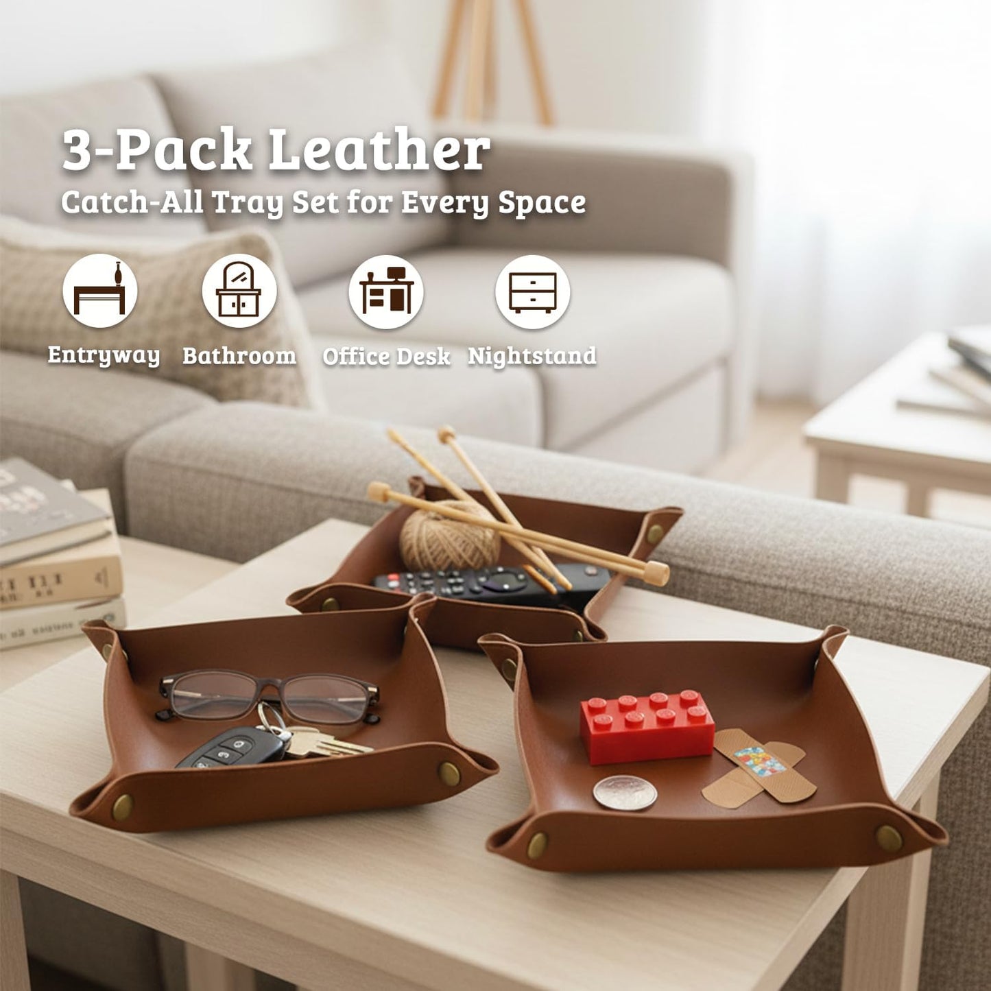 3 PACK PU Leather Jewelry Valet Tray Organizer, Foldable & Portable Catch All Bowl for Entryway Table, Nightstand, Desk & Travel | Storage Dish for Keys, Watch, Coin, Glasses (Brown)
