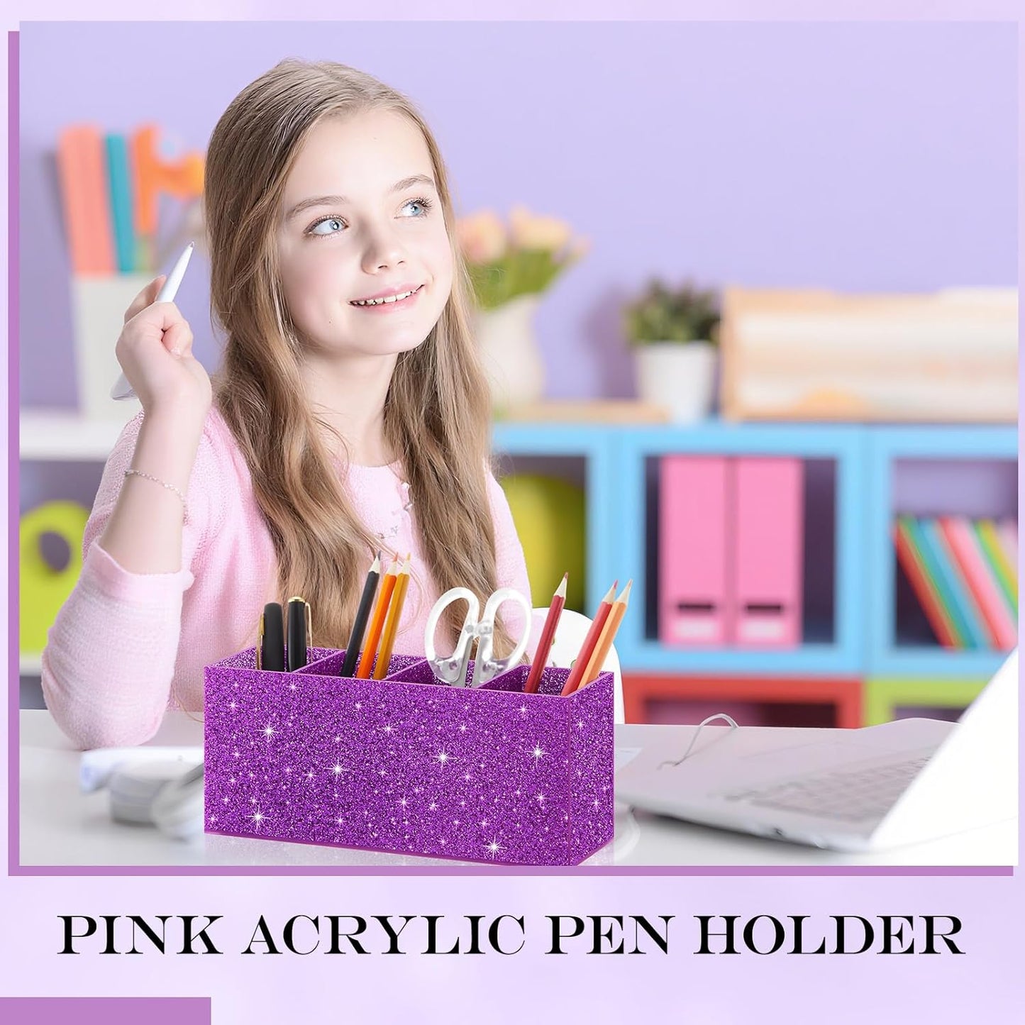 Jetec Acrylic Pen Holder 6 Compartments Makeup Brush Stationery Organizer Pencil Holder for Desk Accessories, Cosmetic Brushes, Dorm, Home, Bathroom, Kitchen, Office Supplies(Neon Pink)