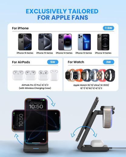 Charging Station for iPhone and Apple Watch: 3 in 1 Wireless Phone Charger Stand for iPhone 17 16 15 14 13 12 11 Pro Max & AirPods, Bedside Nightstand Docking