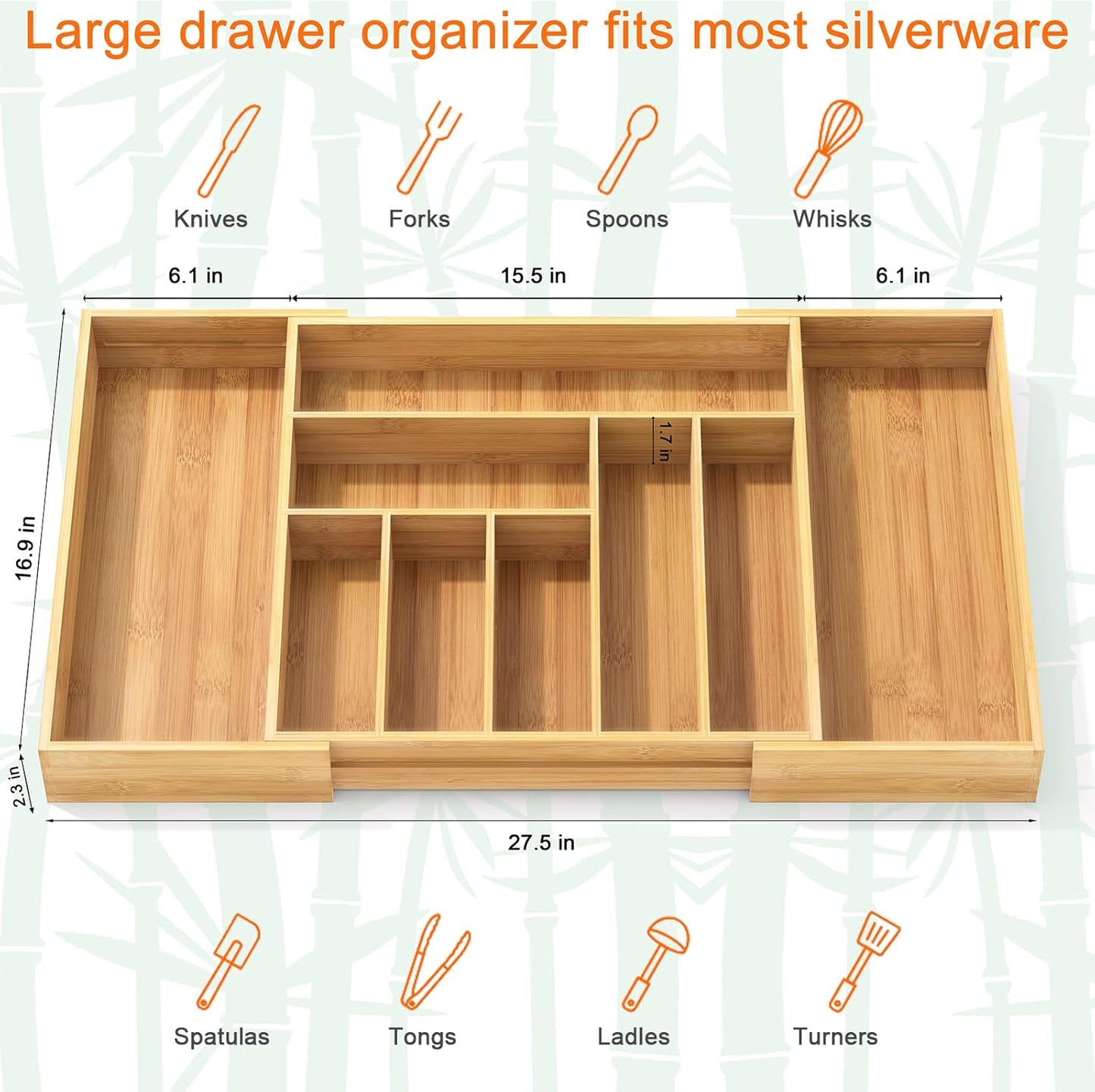 Youpehom Bamboo Utensil Organizer for Kitchen Drawers, Expandable Utensil Tray and Cutlery Silverware Holder,Wood Drawer Dividers with 7 Adjustable Slots