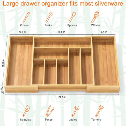 Youpehom Bamboo Utensil Organizer for Kitchen Drawers, Expandable Utensil Tray and Cutlery Silverware Holder,Wood Drawer Dividers with 7 Adjustable Slots