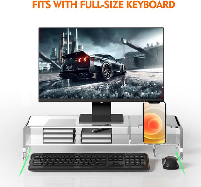 BEYGORM Acrylic Monitor Stand for Full Keyboard, 20" Wide 2-Tier Riser with Storage Shelf and Phone Holder, Desktop Organizer for Laptop, Printer, Screen (Clear)