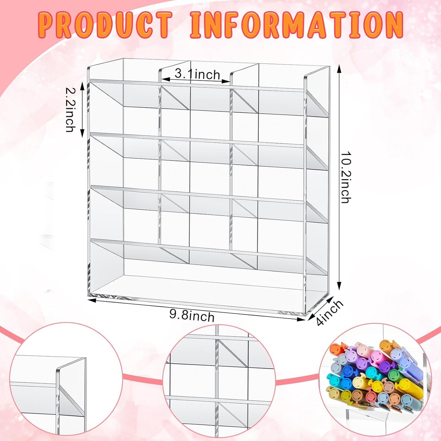 MotiMind Acrylic Pen Organizer Storage for 250 Markers Vertical Marker Organizer Acrylic Pen Display Holder for Office Desk Desktop Stationery Pencil Storage, Clear, 13 x 4 x 12.4 Inch