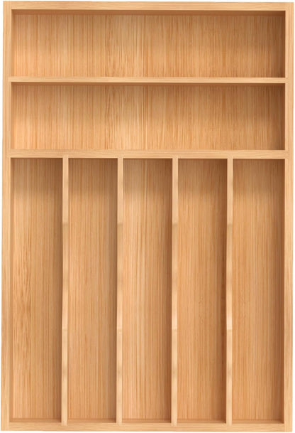Small Silverware Organizer, Bamboo Kitchen Drawer Organizer, Utensil Holder, Cutlery Tray & Spoon Flatware Storage with Grooved Drawer Dividers (6.7''W x 12''D)